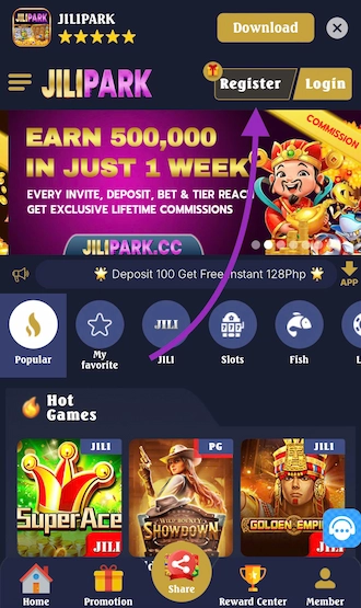 Step 1: JILIPARK casino login and select Register
