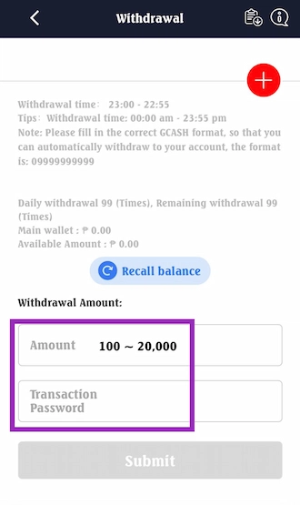 Step 2: Fill in the amount you want to withdraw and enter your transaction password correctly.